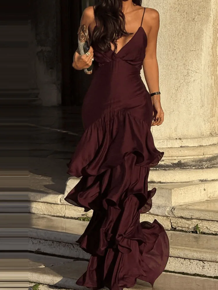 2025 New Ruffle Design High Waist Yacht Dress Cocktail Party Slim Fit Women's Long Dress Sexy V Neck Solid Summer Camisole Dress 6