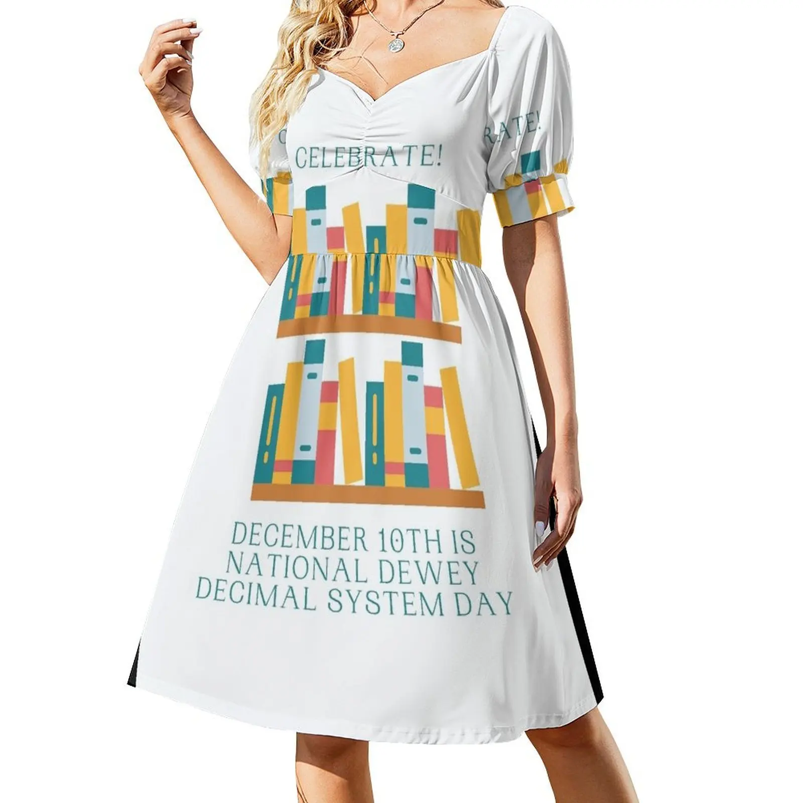 thumbnail image 1 of ¡Celebra! El 10 de diciembre es el Día Nacional del Sistema Decimal Dewey. Vestido de manga corta. Bonito vestido. Elegante vestido de fiesta para mujer., 1 of 7