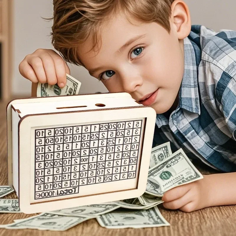 Wooden Piggy Bank Wooden Money Box with Savings Goal and Numbers Reusable Money Storage Case for Adults Child Saving Box