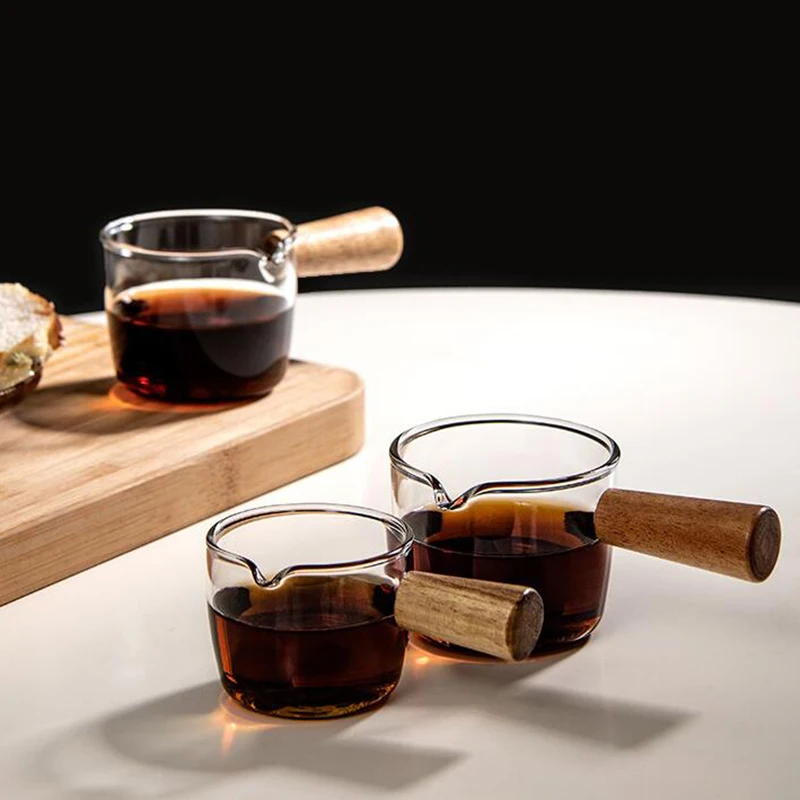 Wood Handle Glass Espresso Measuring Cup 50ml 80ml 100ml Double/Single Mouth Milk Jug Coffee Supplies Clear Kitchen Measure Mug measuring cup,coffee extraction cup