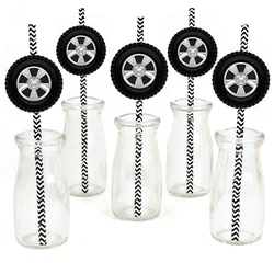 20pcs Tire Paper Straws for Kids Race Car Birthday Party Supplies Disposable Drinking Straw Kids Wheels Birthday Decorations