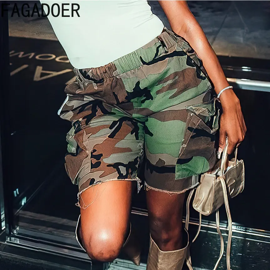 FAGADOER Fashion Camouflage Printing Shorts Women High Waisted Loose Sporty Shorts Casual Female Pocket Bottoms Clothing 2023