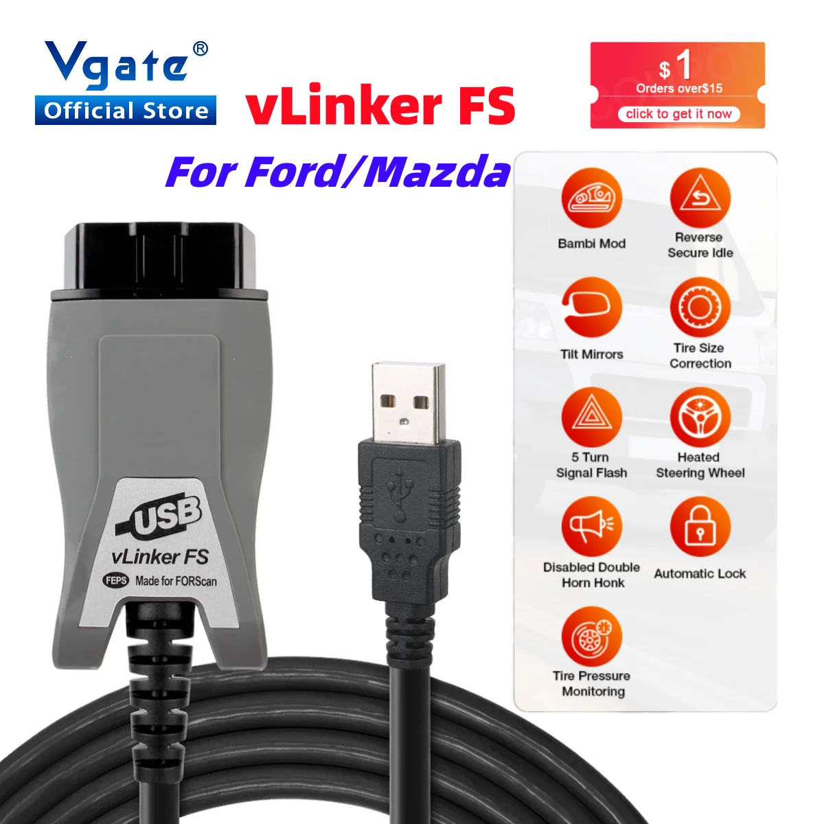 

Vgate vLinker FS ELM327 For Ford FORScan HS MS CAN ELM 327 OBD 2 OBD2 Car Diagnostic Scanner Interface Tools OBDII For Mazda