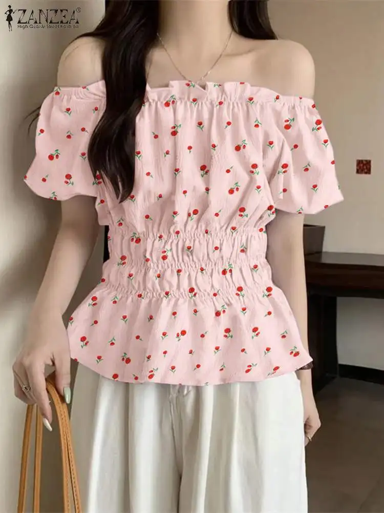 

Women Flowersl Print Blouse Sexy Off The Shoulder Peplum Tops 2024 Summer Short Sleeve Ruffled Tops Casual Waisted A Line Shirt