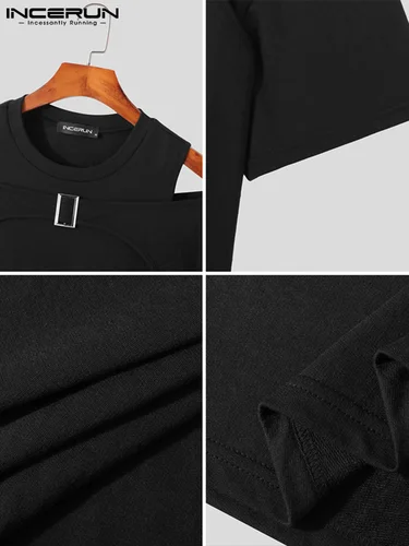INCERUN 탑스 2023 한국어 스타일 뉴 중공 숄더 Camiseta 패션 남성 솔리드 모든 매치 가짜 두 반팔 티셔츠 S-5XL 5