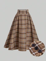 Plus Size Skirt Vintage Artistic Plaid A-Line Half-Length