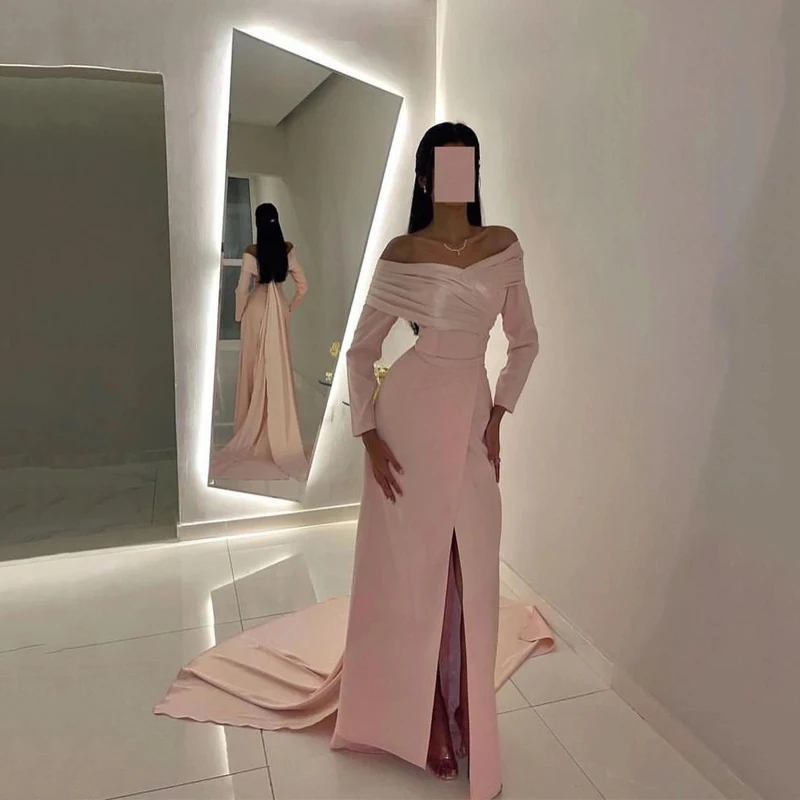 

Pink Evening Dresses Long Sleeves Sexy Strapless Dubai Women Party Gowns Formal Prom Dresses Robe de soireeفساتين السهرة