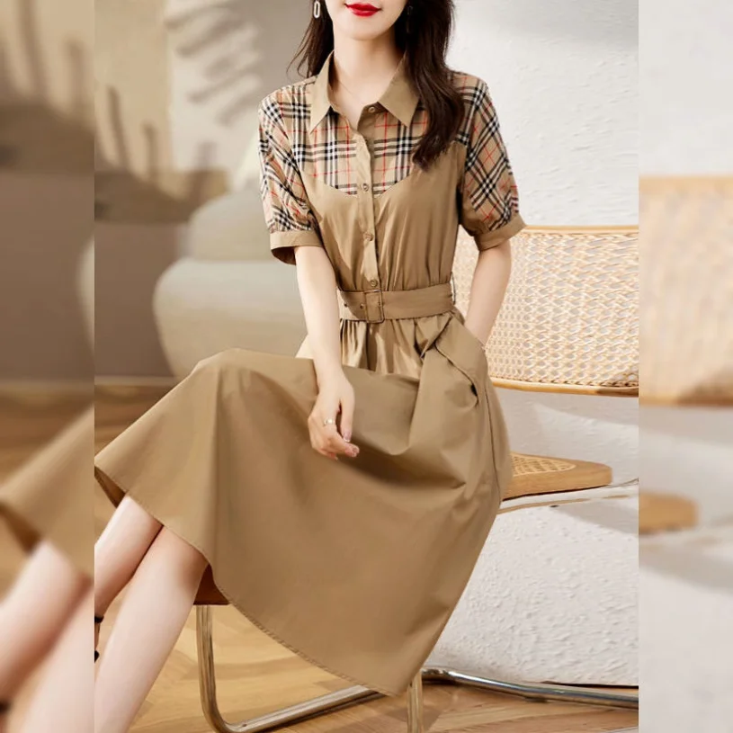 2023 Spring/Summer Korean Edition New Fashion Checker Panel Dress POLO Collar Waist Waist Slim Mid Length Dress
