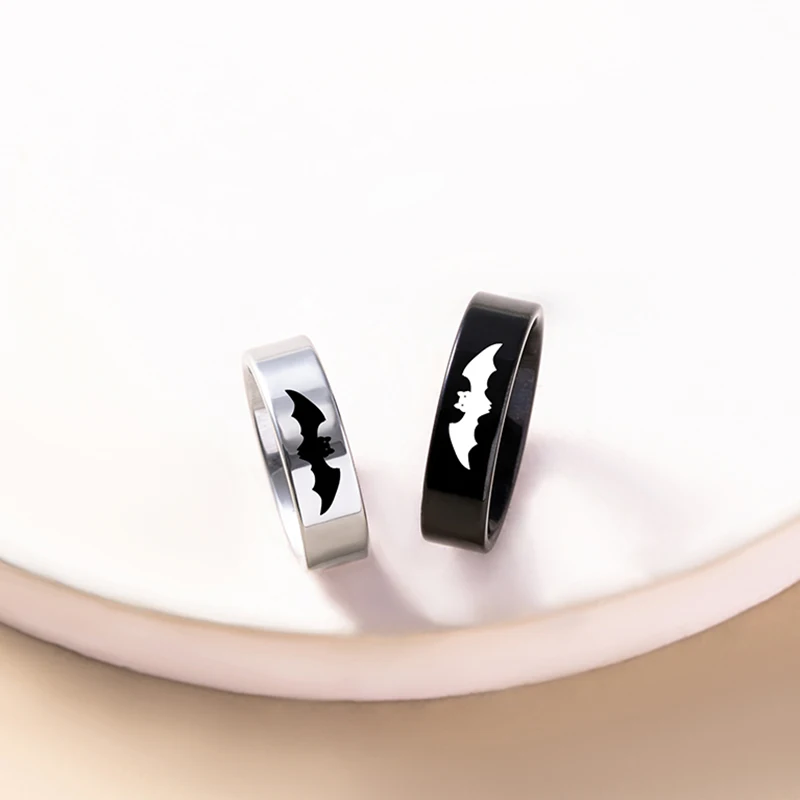 Yin Yang Bat Stainless Steel Couple Rings Punk Black Silver Color Vampire Ring For Women Men Halloween Jewelry 2
