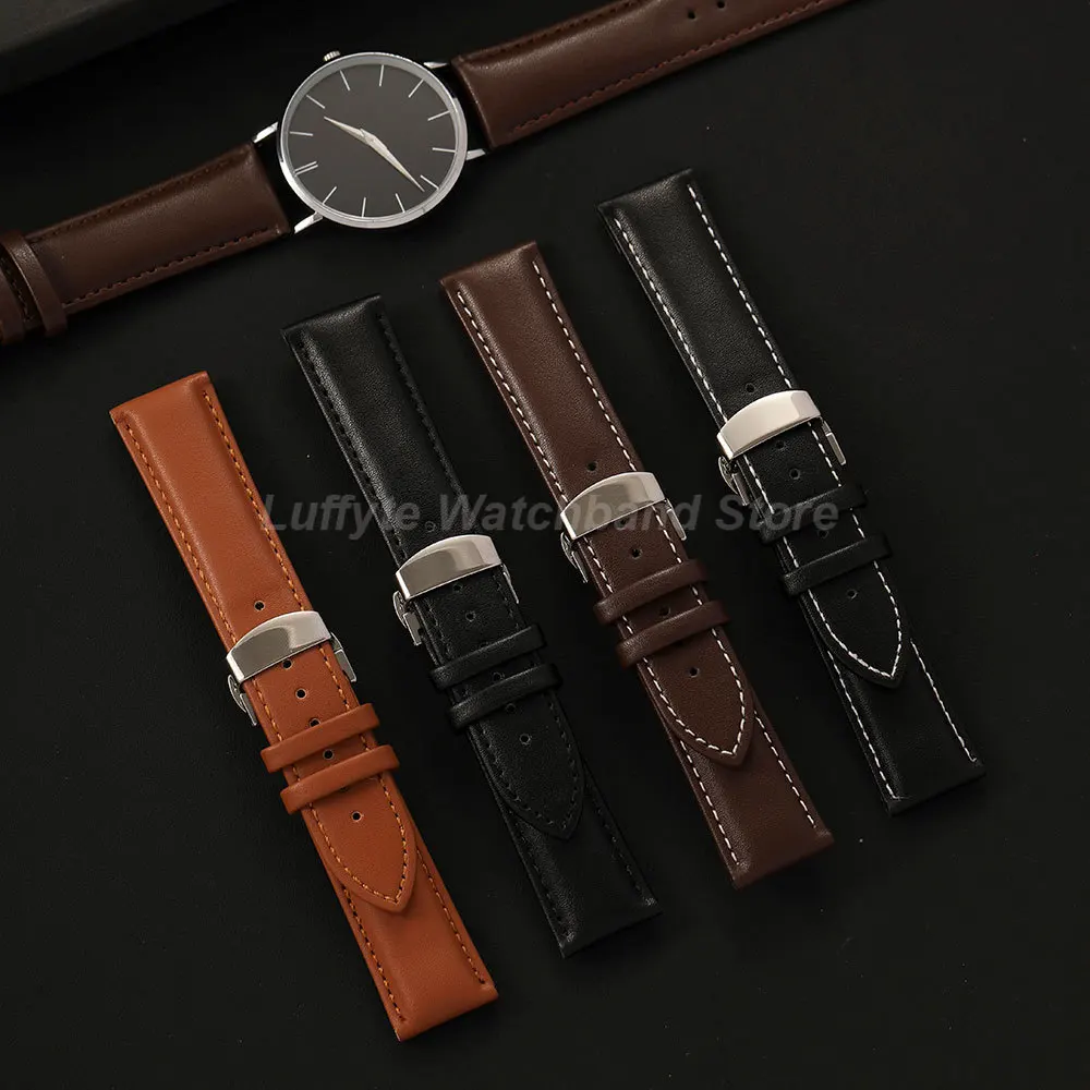 Classic Black and Brown Leather Watch Band with Butterfly Clasp Buckle – Elegant Replacement Strap