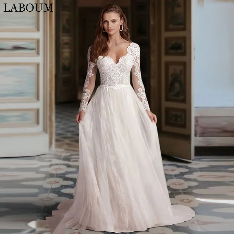 

LaBoum Wedding Dresses For Women Elegant Lace Appliques V-neck A-line Long Sleeves Bridal Gowns Robe De Mariée vestido de novia