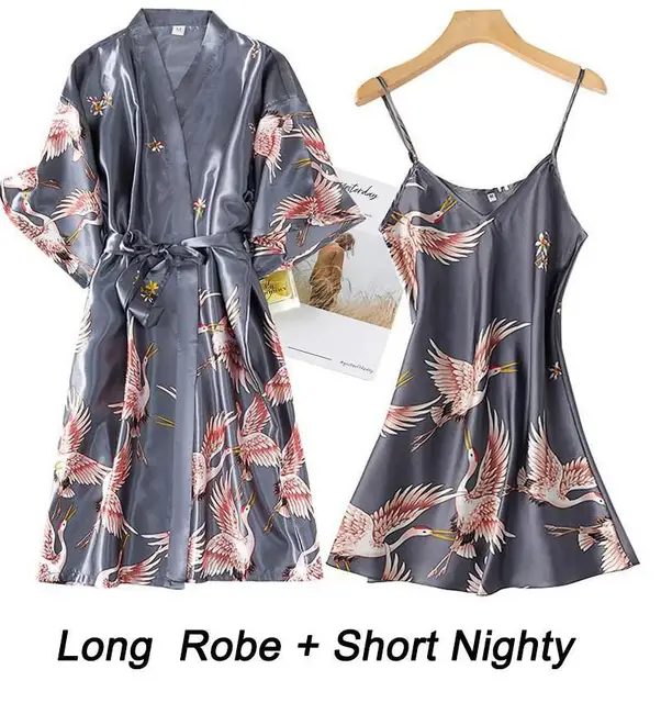 Women Rayon 2PCS Robe Set Bride Bridesmaid Wedding Robe Gown Lace Sexy Kimono Bathrobe Night Dress Casual Nightgown Sleepwear Gray Long 6