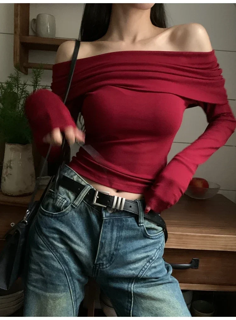 Camisetas con hombros descubiertos para mujer, camisetas casuales de manga larga lisas, tops cortos, ropa de calle, ropa de club, suéteres sexys con cuello torcido y cálidos