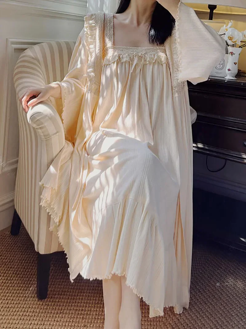 

Women Spring Autumn Vintage Victorian Night Dress French Sweet Camisola Pajama Robe Two Piece Set Princess Sleepwear Nightgowns