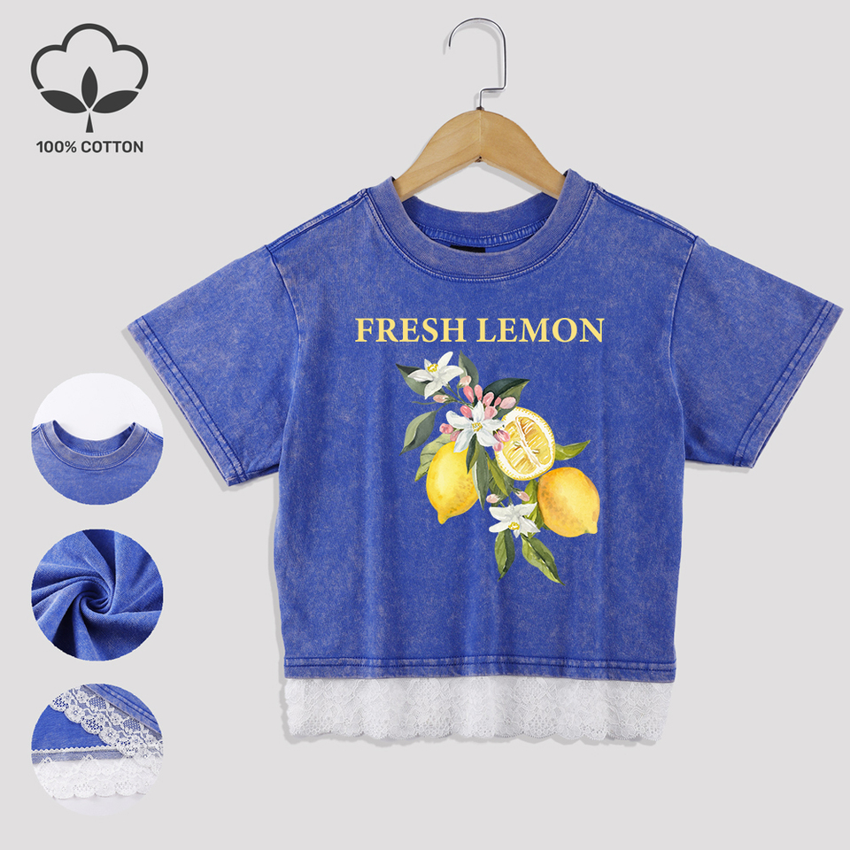 Fresh Lemon Printing Cotton Crop Tees All-Math Summer Lace Hem Washed T-Shirts O-Neck Distressed Short Sleeve Casual Clothes