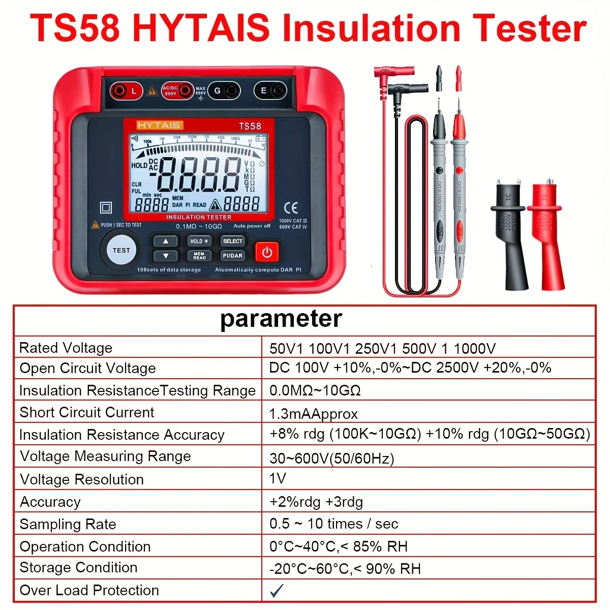 HYTAIS Insulation Digital Megohmmeter High Voltage Voltmeter 1000V 10G&Omega; 2000 Counts Resistor Meter Electrician's Tool