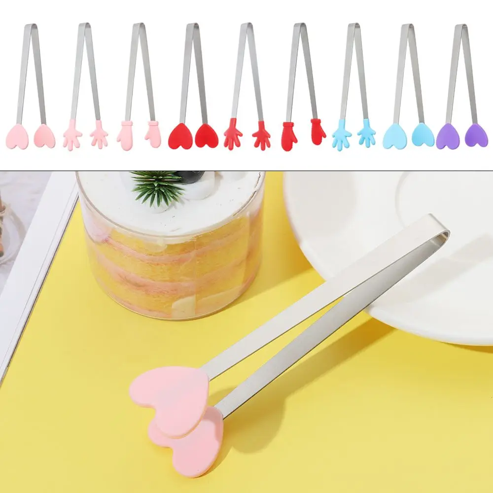 1pc Creative Silicone Stainless Steel Mini Snack Food Tongs Non-slip Handles BBQ Bread Ice Cube Clip Kitchen Accessories food tongs
