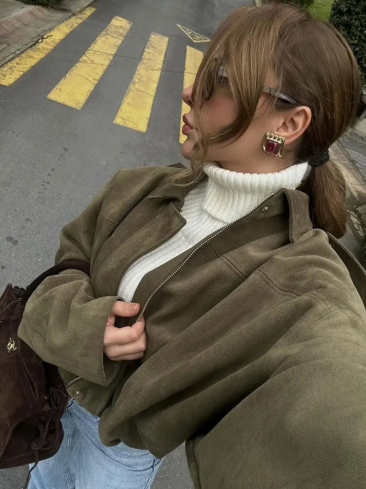 HH Women Suede Bomber Jacket Vintage Solid Lapel Zipper Long Sleeve Coat With Pockets 2025 Fashion Lady High Street Outwear