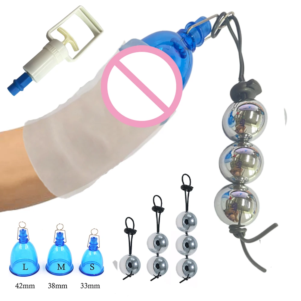 Male Vacuum Cup Handle Penis Extender Stretcher Enlarger Hanger Heavy Weight Ball Cock Enlargement Trainning with glan sleeve male sex toys