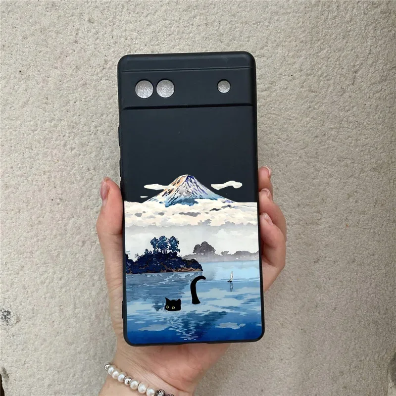 Japanese Aesthetic Black Cat Landscape Soft Silicone Phone Case