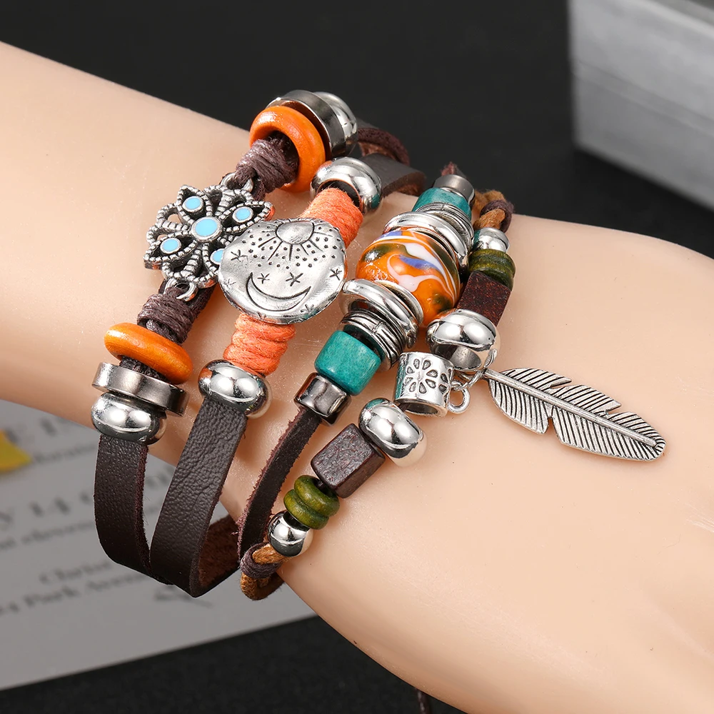 Vinatge Gothic Punk Moon Star Metal Multilayer Leather Bracelet Men Leaf Bracelets Bangles Male Arm Sun