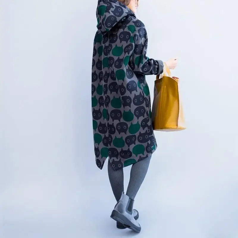 Winter Female Vintage Velvet Thick Hoodie Dress Plus Size Autumn Women Cat Print Hoodies Kawaii Cartoon Long Hooded Sweatshirt