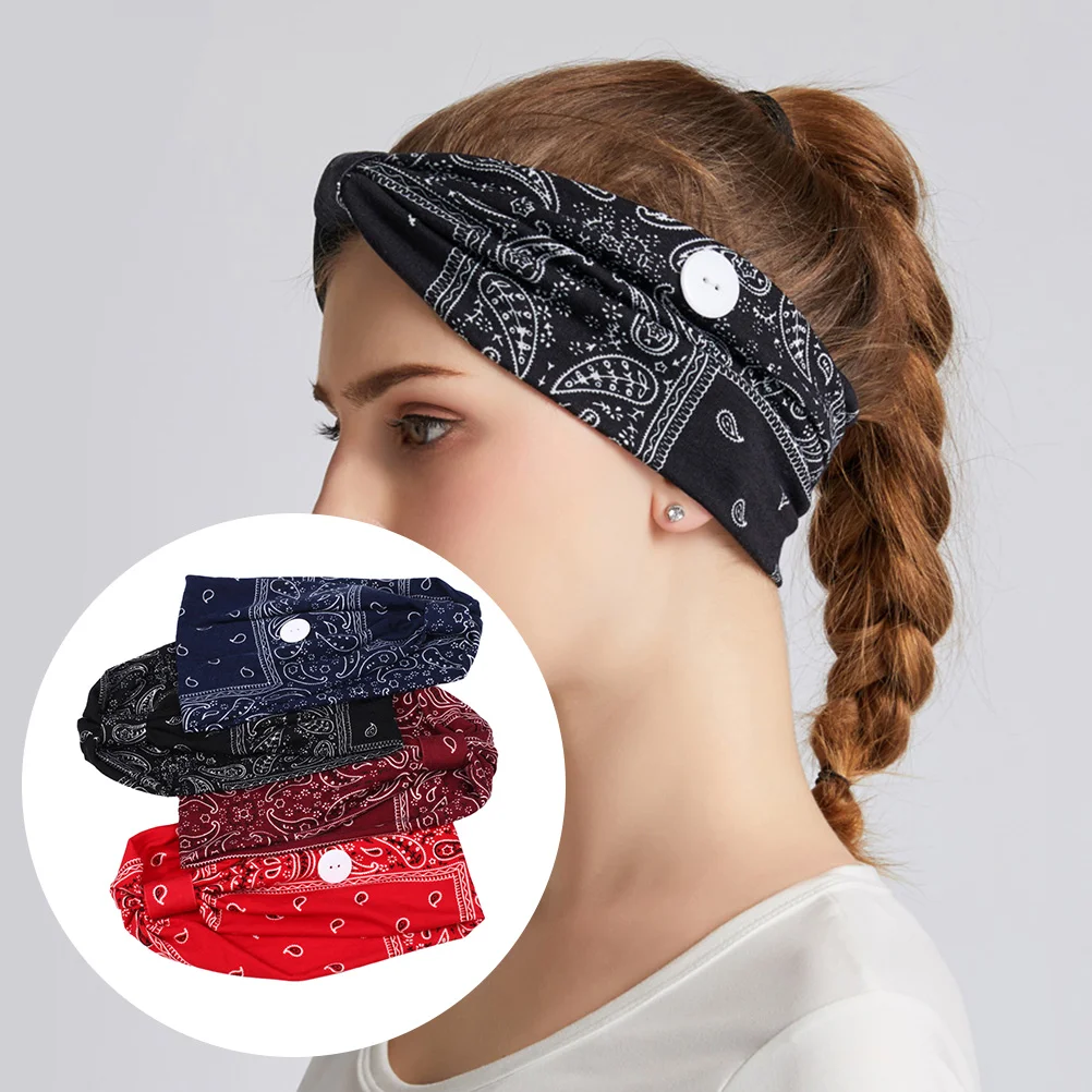 

4pcs Hair Scarf Hair Bandanas Headbands with Buttons for Mask Nurse Headbands