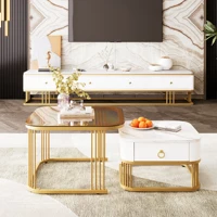 Anajqaqia Ensemble de 2 tables basses empilables, aspect marbre brillant et plateau en verre, accents dorés, table d'appoint avec tiroirs 5