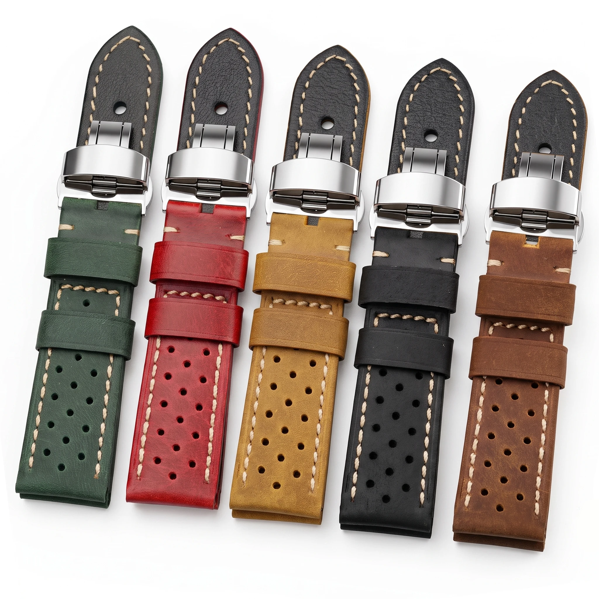 Vintage Genuine Leather Watch Band with Deployment Clasp – Cowhide Bracelet Strap
