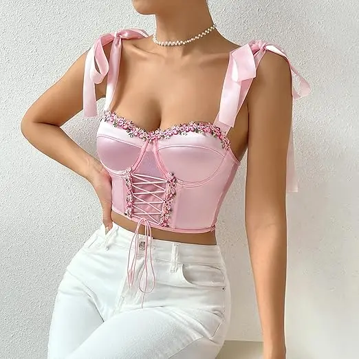 Women's Floral Trim Bustier Crop Top - Lace-Up Underwire Fishbone Hot Girl Suspenders Small Corset Top