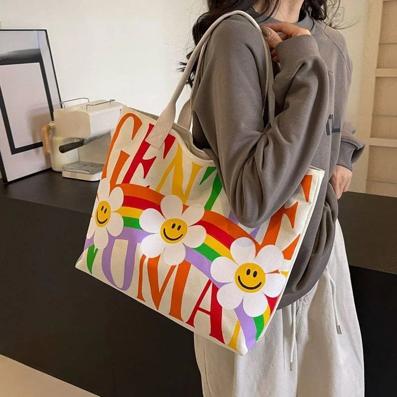 Flower Letter Print Tote Bag, Kawaii Sweet Canvas Handbag, Women Large Capacity Shoulder Bag