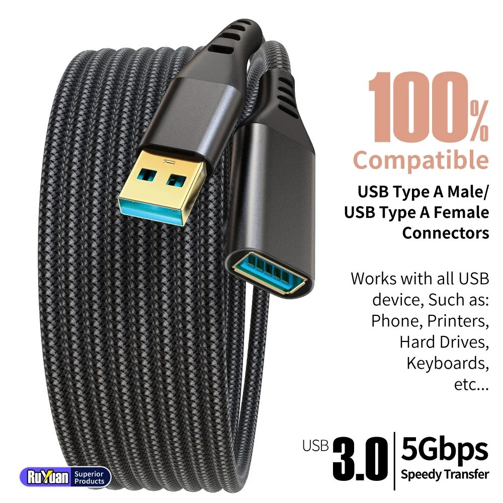 Durable Braided USB 3.0 Extension Cable - Type A Male to Female - Fast Data Transfer