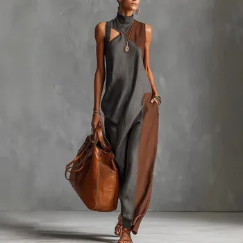 Bohemian Women's Maxi Dress Vest Type Color Block Summer Beach Dress Loose Casual High Neck Cutout Long Dresses for Daily Wear 1