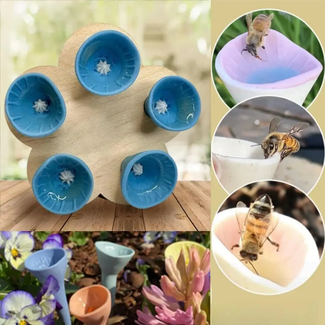 

5pcs Pack Bee Insect Drinking Cup Resin Five Flower Bee Drinker Cup Easy To Use Garden Balcony Bee Insect Drinking Cup Holder