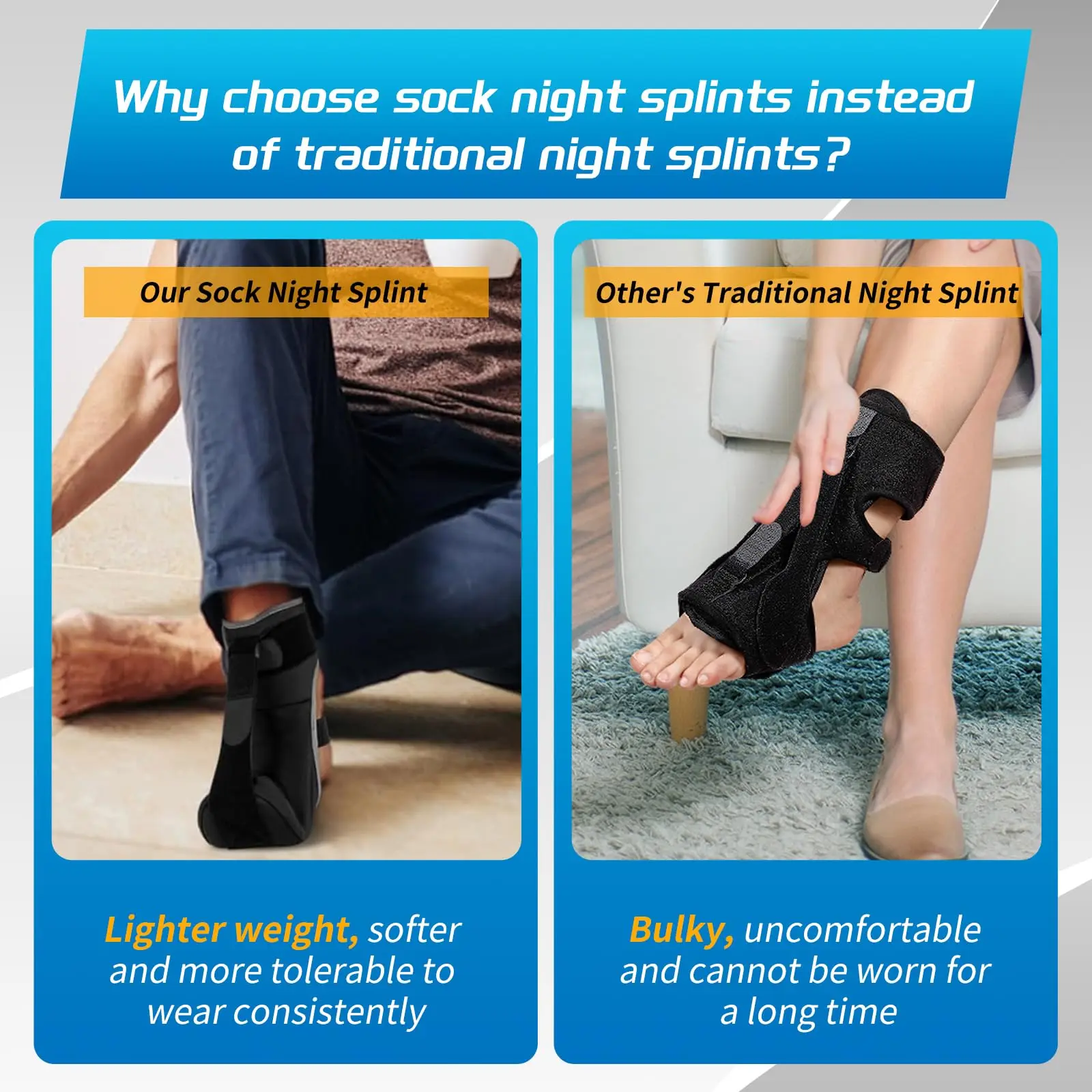 Plantar Fasciitis Night Splint Sock with Massage Ball for Plantar Fasciitis Relief, Soft & Comfortable Brace