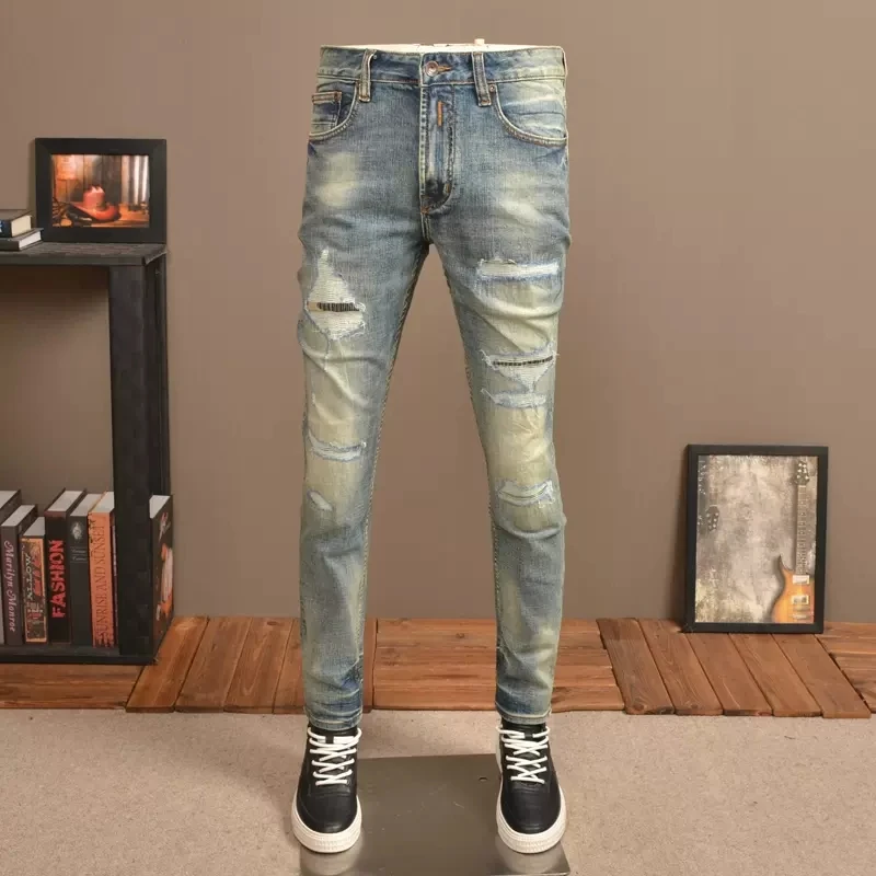 Newly Designer Fashion Men Jeans Retro Blue Elastic Slim Fit Hole Ripped Jeans Men Patched Vintage Casual Denim Pants Hombre