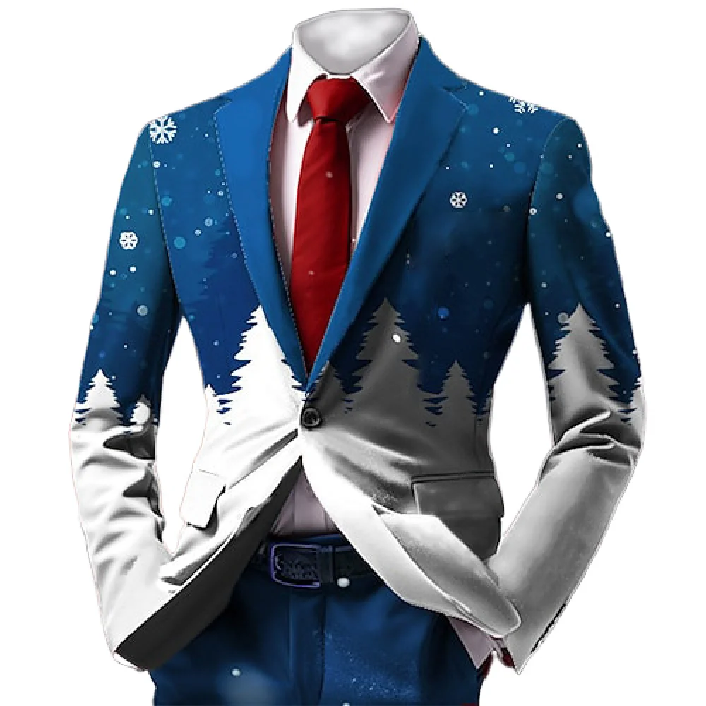 Christmas Snowflake Men Suit Blazer 3D Fun Xmas Printed Men Long Sleeve Jacket New Year Fashion Party Coat with Tie