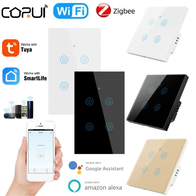 

CORUI Tuya WiFi ZigBee Smart Touch Switch 1/2/3/4 Gang Home Wall Button EU US For Alexa Google Home Assistant Smart Life APP