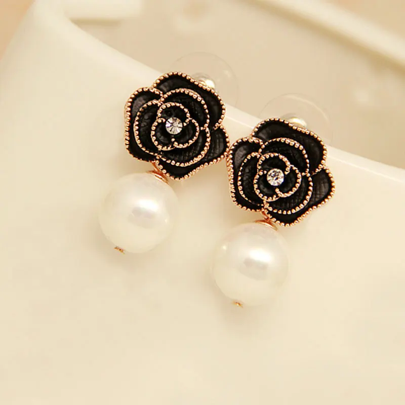 Camellia Pearl Number 5 Drop Earrings Long Dangle Chain Black White Flower Rhinestone Famous Brand