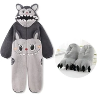 Kigurumi Unicorn Cat Onesie Winter Warm Sleepwear Women Men Pajamas Slipper Couple Pijamas Cartoon Hooded Nightwears Slipper