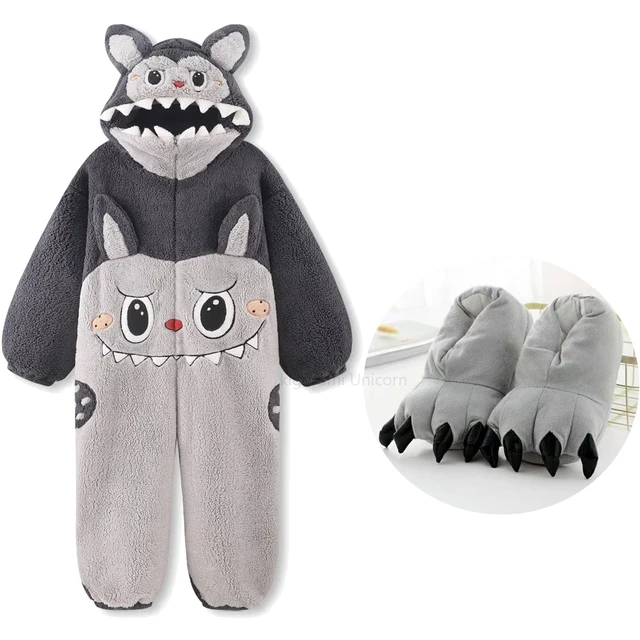Kigurumi Unicorn Cat Onesie Winter Warm Sleepwear Women Men Pajamas Slipper Couple Pijamas Cartoon Hooded Nightwears Slipper