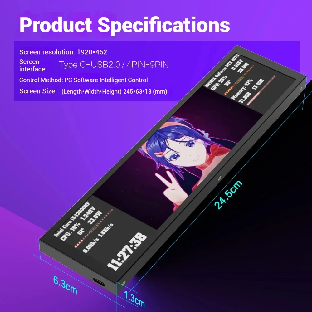 D92 9.2인치 롱 스트립 LCD 스크린 1920*462 HD-MI 드라이버 보드 보조 서브 모니터 맞춤형 패턴 CPU GPU 정보