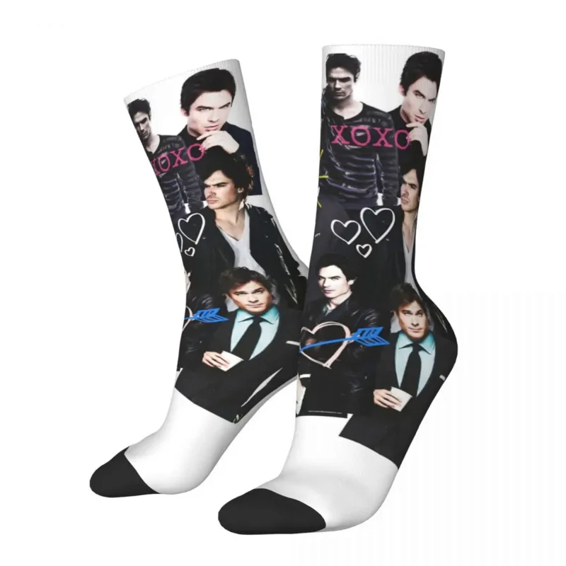 

Funny Women Men Vampire Diaries Damon Salvatore Collage Design Socks Accessories Soccer Socks Cotton Best Gift Idea