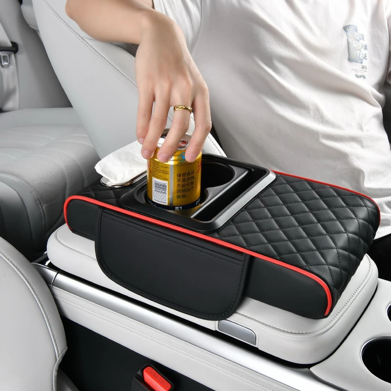 4 in 1 Car Center Console Cover Universal PU Leather Car Armrest Storage Double Cup Holder Middle Console Cushion Organizer Box