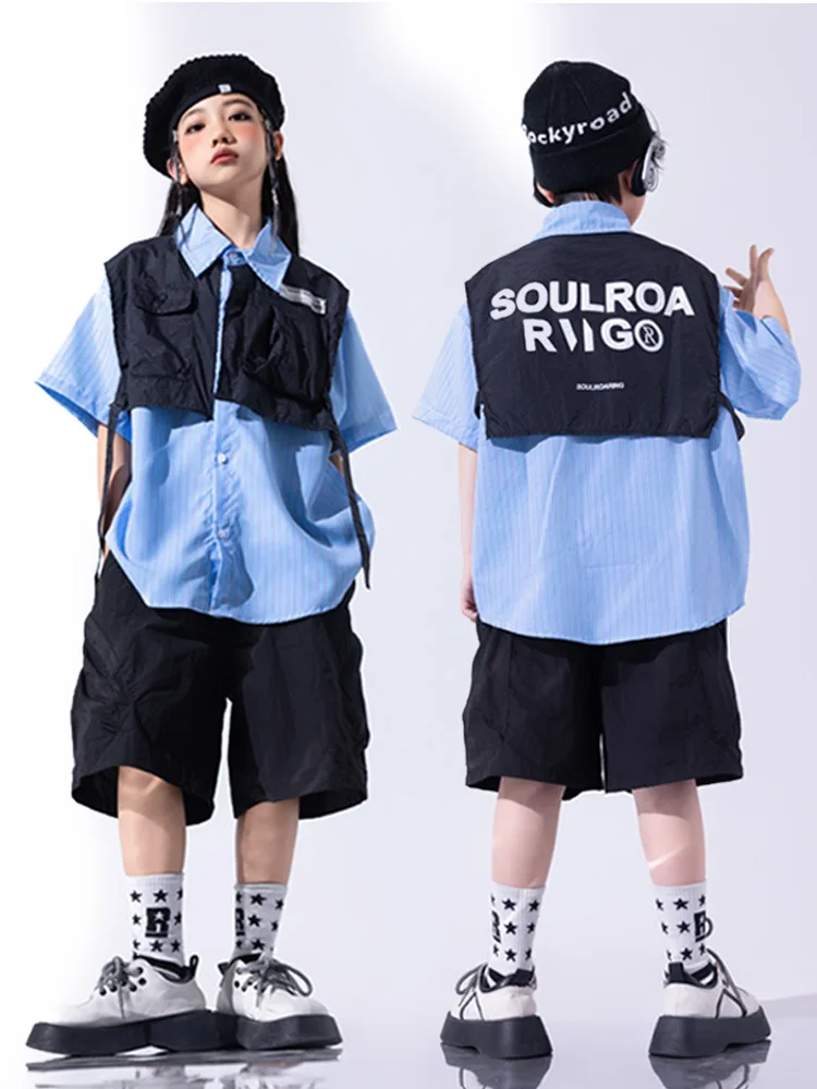 Boys Hip Hop Clothing Two-piece Top Black Short for Girls Kids Jazz Dance Costume Clothes Set