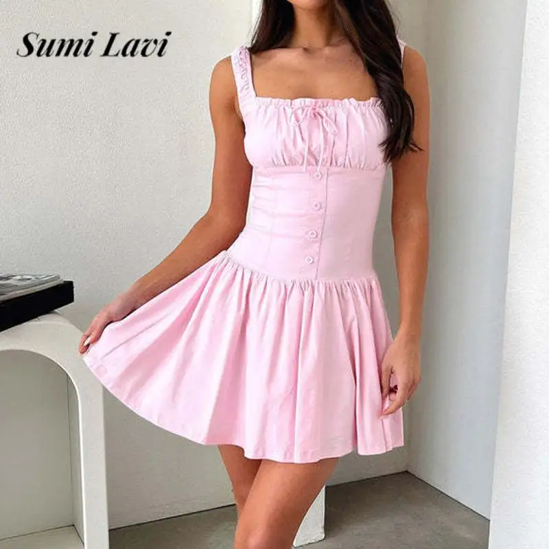 

Summer Sexy Sleeveless Suspenders Dress Women Elegant Square Collar Bow Tie Solid Short Dress Fashion Waist Draped Party Dresses