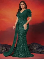 Plus Size Elegant V-neck Sequins Evening Dress Women Short Sleeves Mermaid Formal Luxury Party Streamer Prom Dress - Image 3