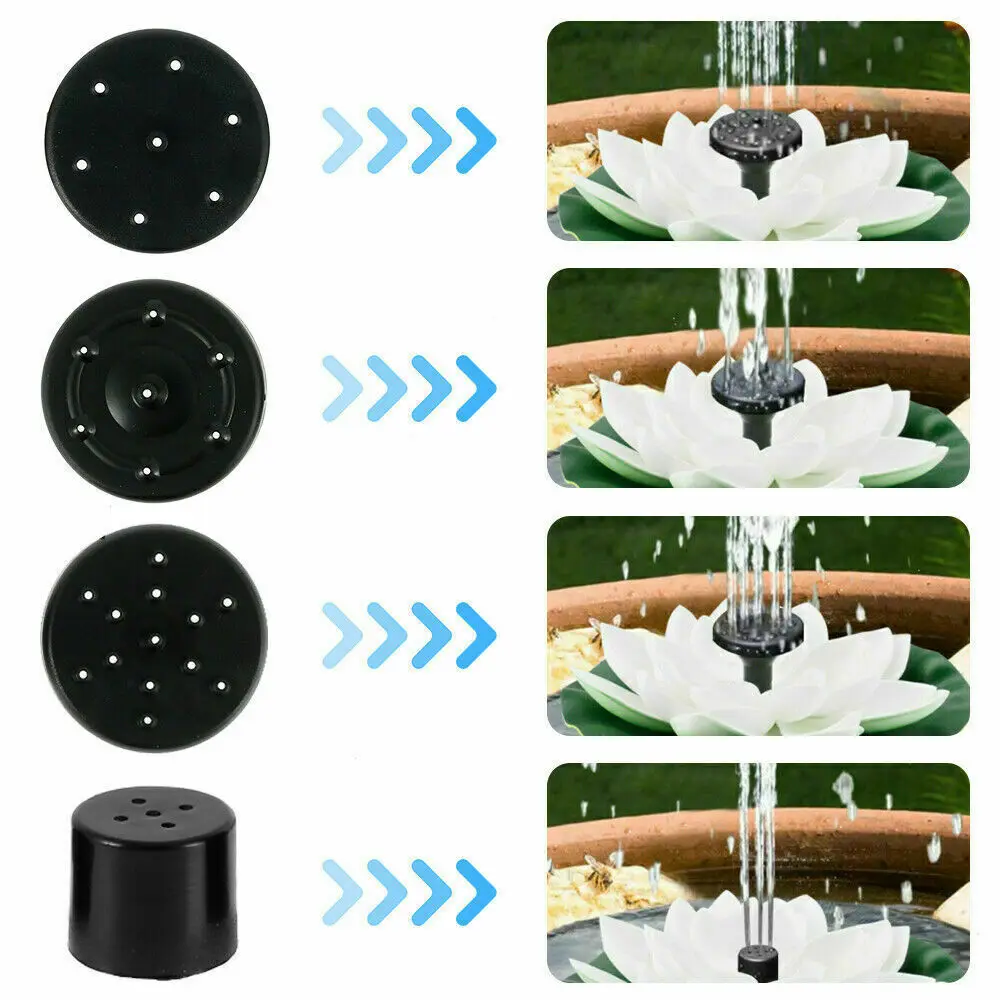 Comparison of four different fountain nozzles and their corresponding water spray patterns over a lotus-shaped fixture in garden ponds, featuring the floating design of the Lotus-shaped Solar Fountain.