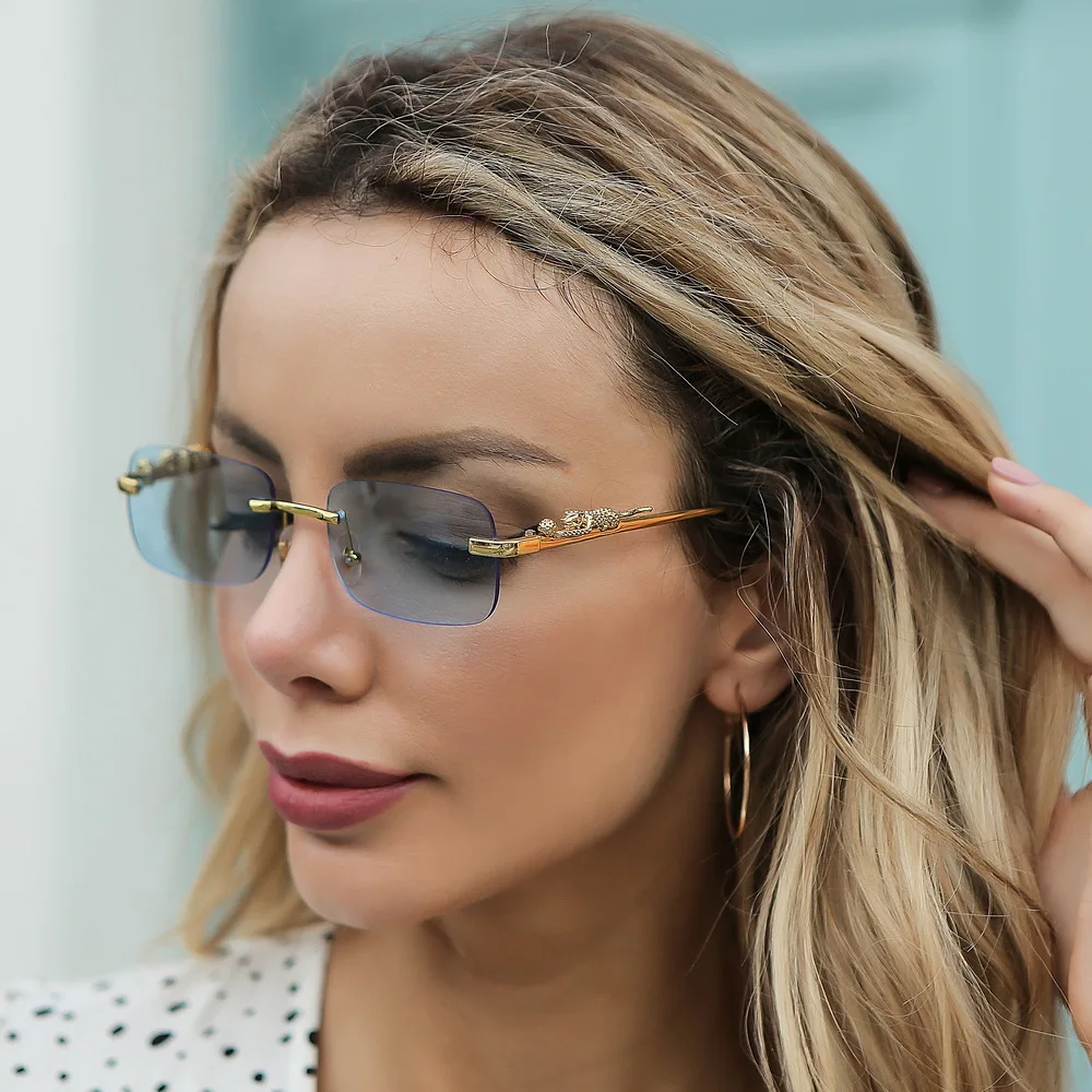 Neue Randlose Rechteck Vintage Metall Leopard Kopf Sonnenbrille Mode Rahmenlose Getönte Gläser Shades für Frauen Männer