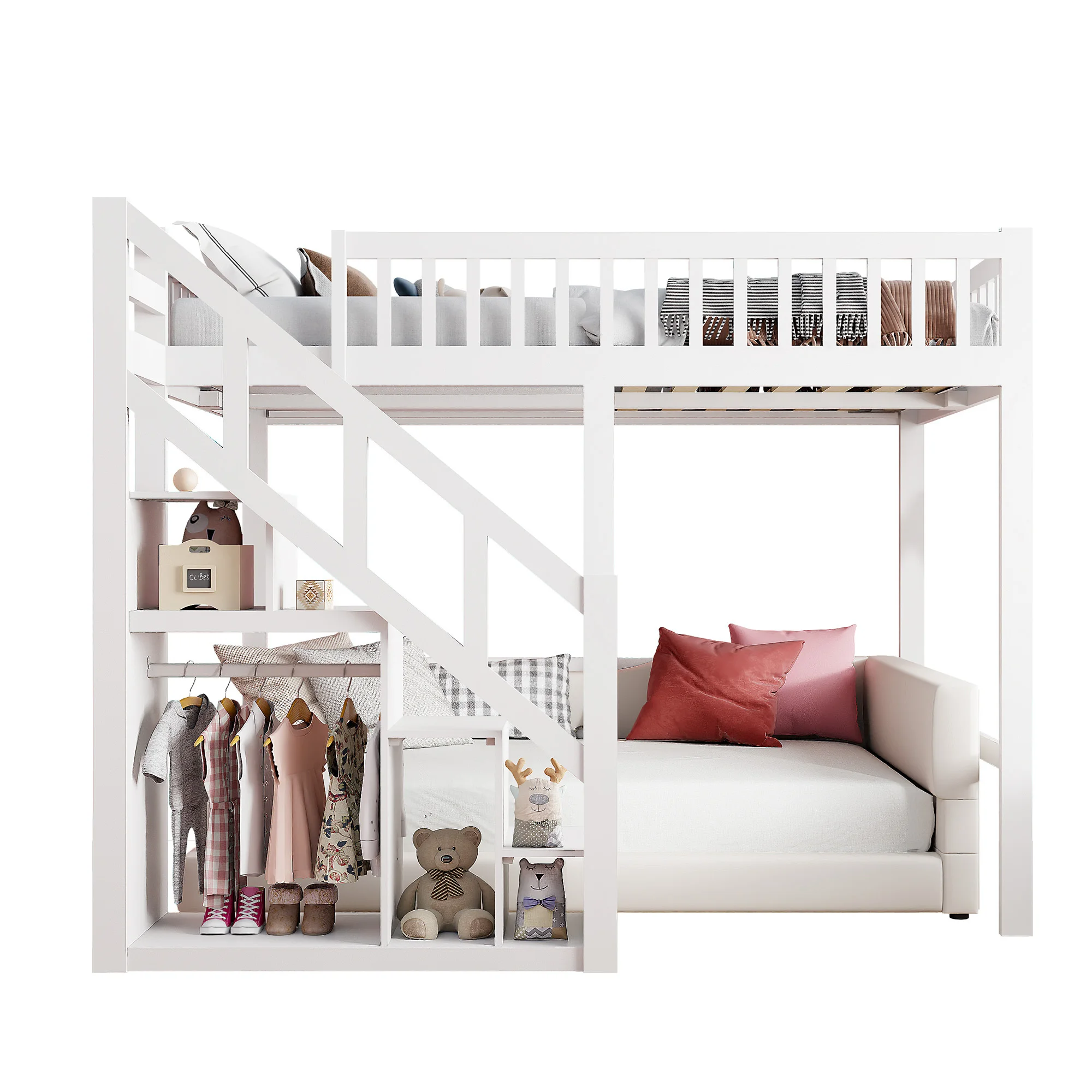 Rosahqnda Kinder-Etagenbett 90x200cm, Etagenbett mit Treppe und Aufbewahrungsschrank, Multifunktionsbett, Spielbett, ohne Matratze, Weiß – Detail 10